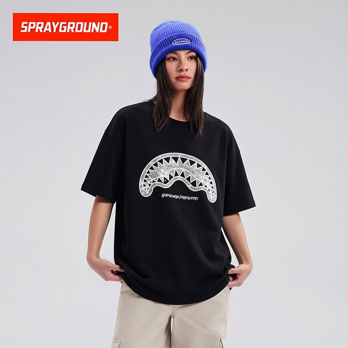 SprayGround鲨鱼嘴蕾丝大logo圆领潮流设计纯棉舒适休闲短袖T恤