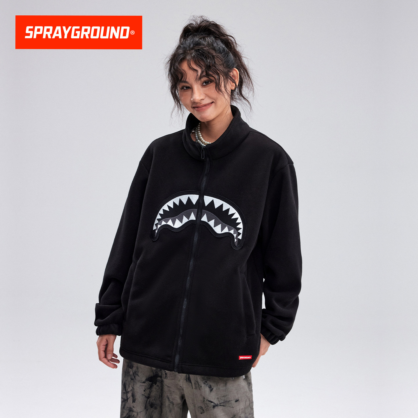 SprayGround鲨鱼嘴保暖立领摇粒绒抓绒衣男2025冬季保暖夹克外套