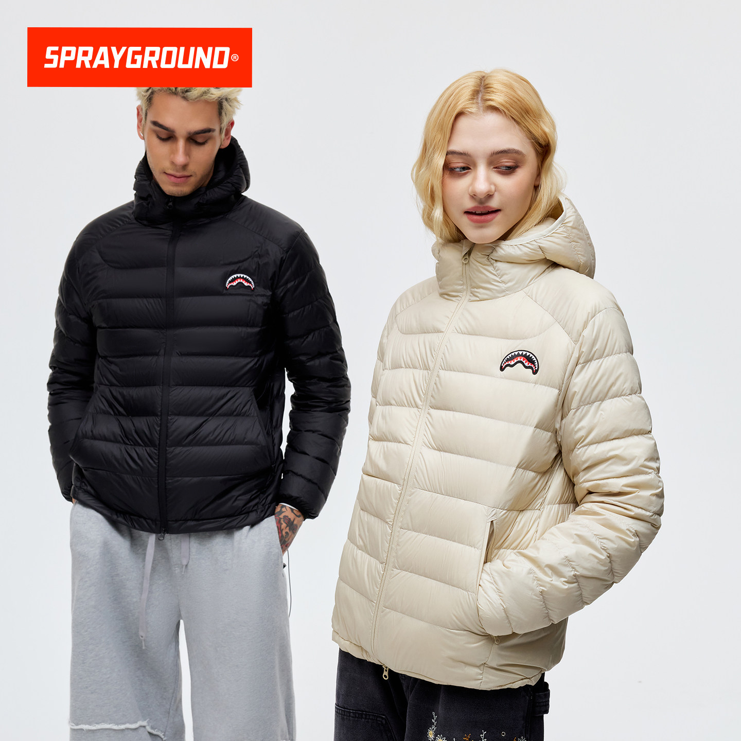 SprayGround鲨鱼嘴90白鸭绒轻薄排骨羽绒服男女冬季保暖连帽外套