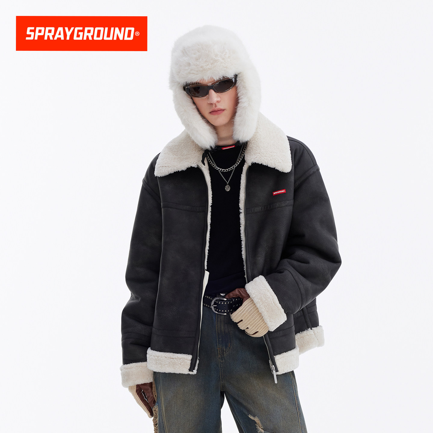 SprayGround鲨鱼嘴毛领加厚皮夹克男冬季保暖座山雕立领棉服外套,男装,夹克,淘宝优惠券,粉丝福利购,淘宝优惠卷