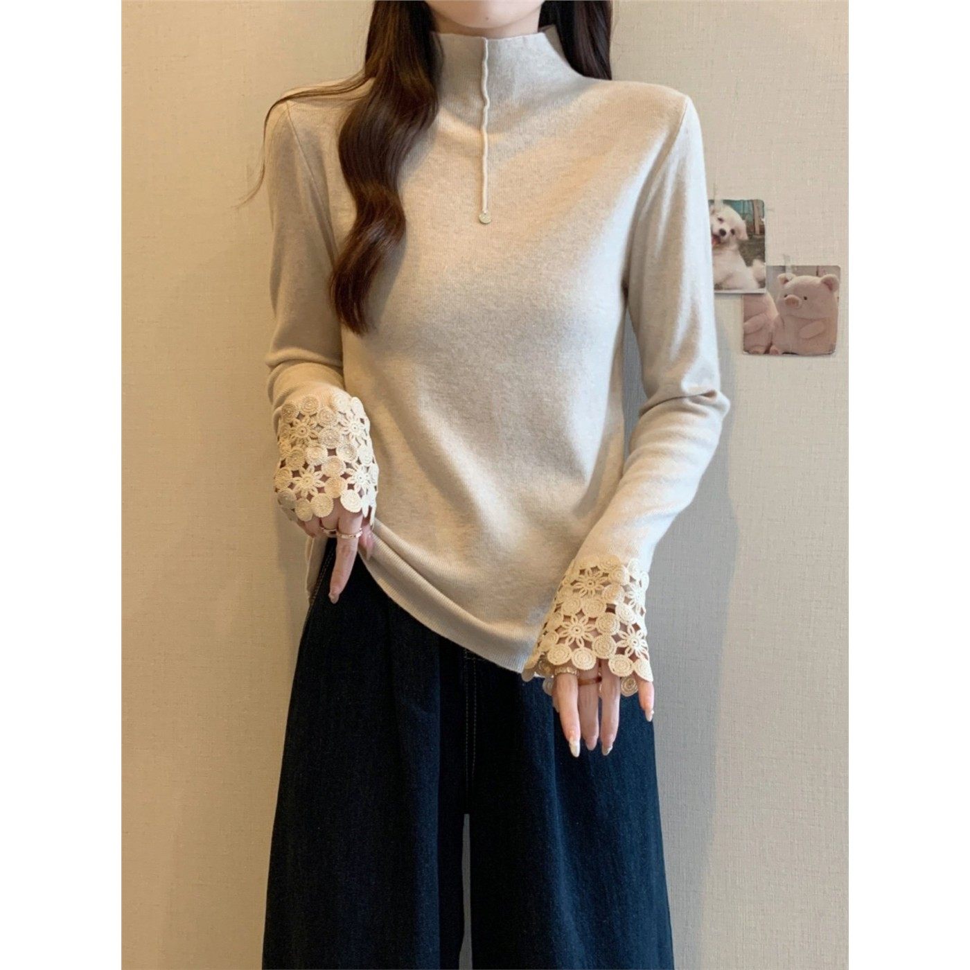 高领蕾丝拼接正肩针织衫内搭大码女装胖mm秋冬款高级感打底衫上衣,女装/女士精品,大码内搭,淘宝优惠券,粉丝福利购,淘宝优惠卷