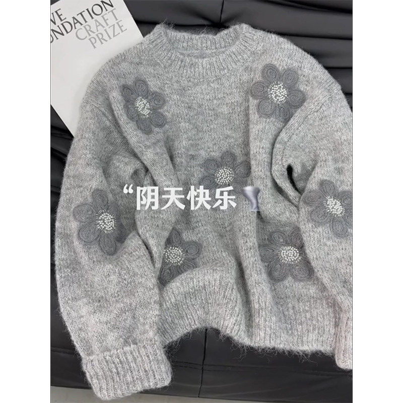 灰色花朵毛衣大尺码女装胖mm2025秋冬款宽松显瘦高级感针织衫上衣,女装/女士精品,毛衣,淘宝优惠券,粉丝福利购,淘宝优惠卷