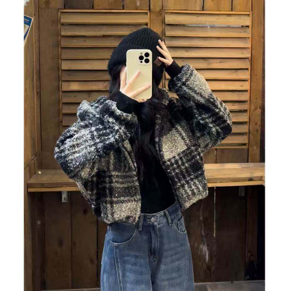 小香风羊羔毛短外套女冬新款复古格子高级感小个子慵懒风加厚棉衣,女装/女士精品,短外套,淘宝优惠券,粉丝福利购,淘宝优惠卷