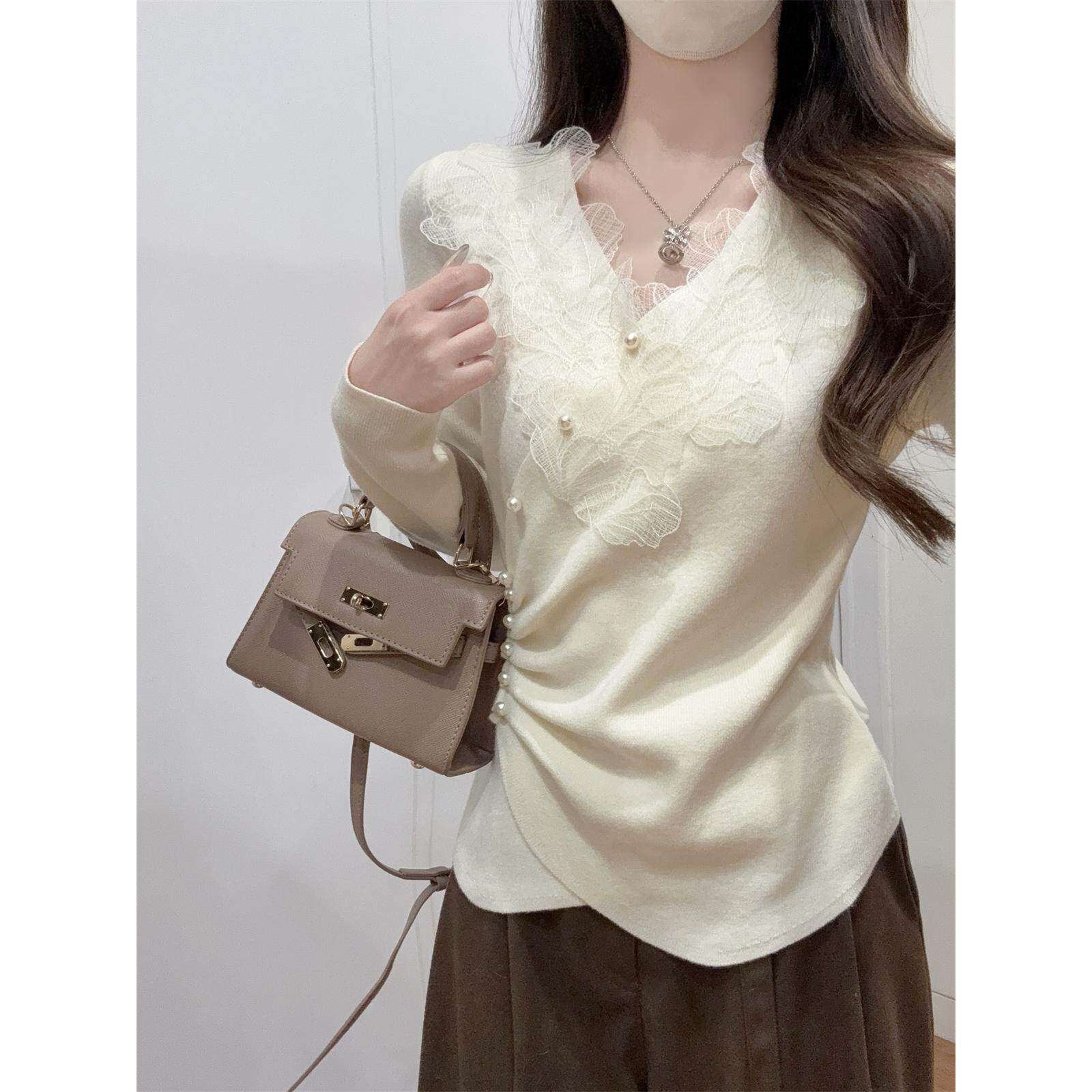 绝美巨好看的蕾丝针织打底衫女装内搭高级感毛衣秋冬保暖小衫上衣