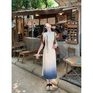 云水谣新中式 连衣裙五一出游 渐变改良旗袍女夏新款 镂空刺绣修身