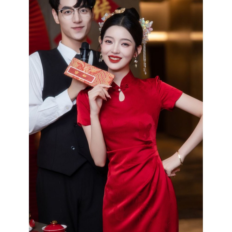 红色旗袍女新中式敬酒服新娘显瘦改良订婚礼服回门结婚便装出阁宴