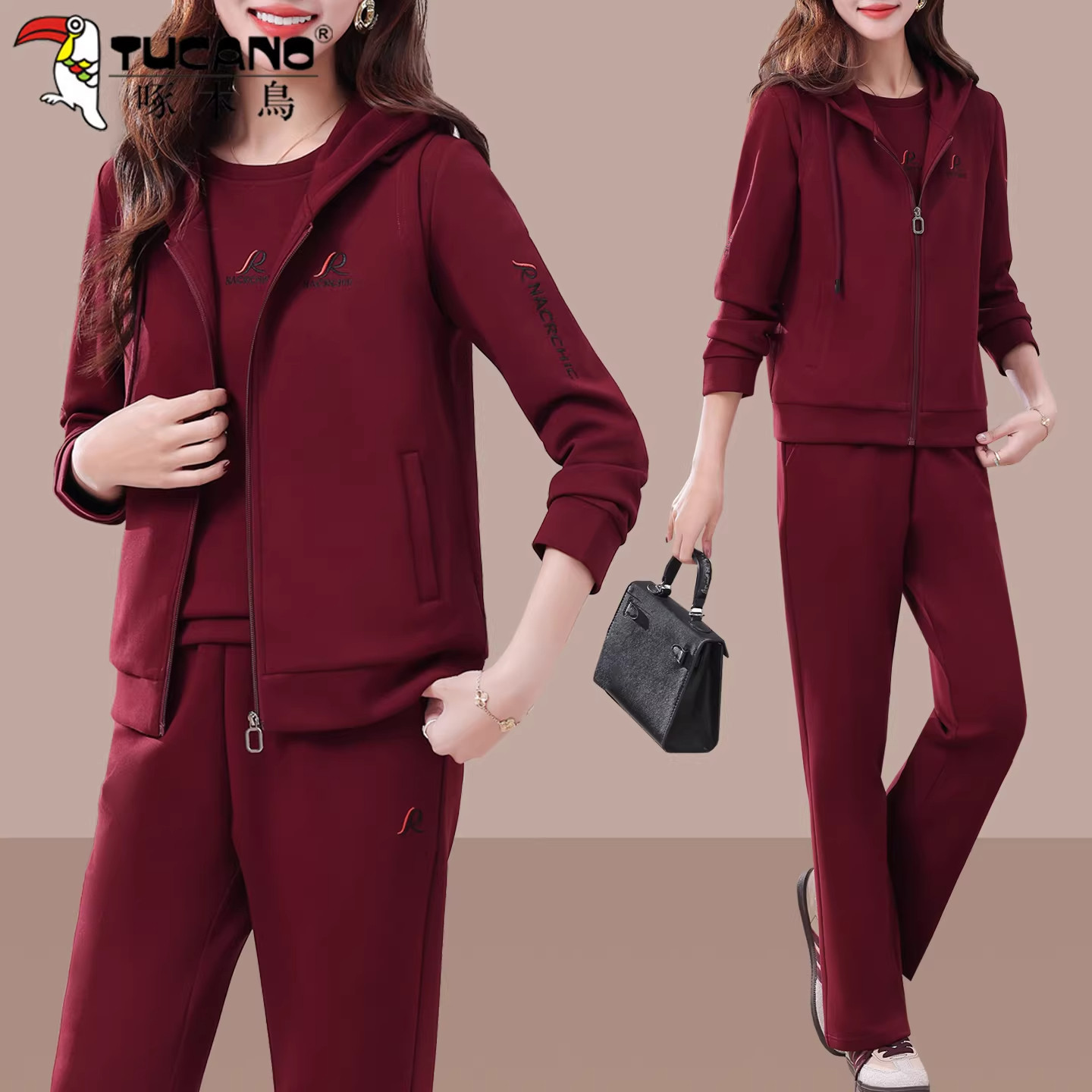 啄木鸟2026新款休闲运动服套装女春秋连帽马甲女士圆领卫衣三件套