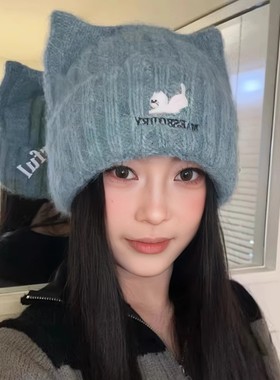 韩系可爱猫耳朵刺绣针织帽子女秋冬保暖护耳毛绒帽显脸小百搭冷帽