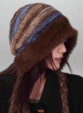 复古撞色毛绒辫子套头帽子女冬季保暖防风护耳帽显脸小百搭针织帽