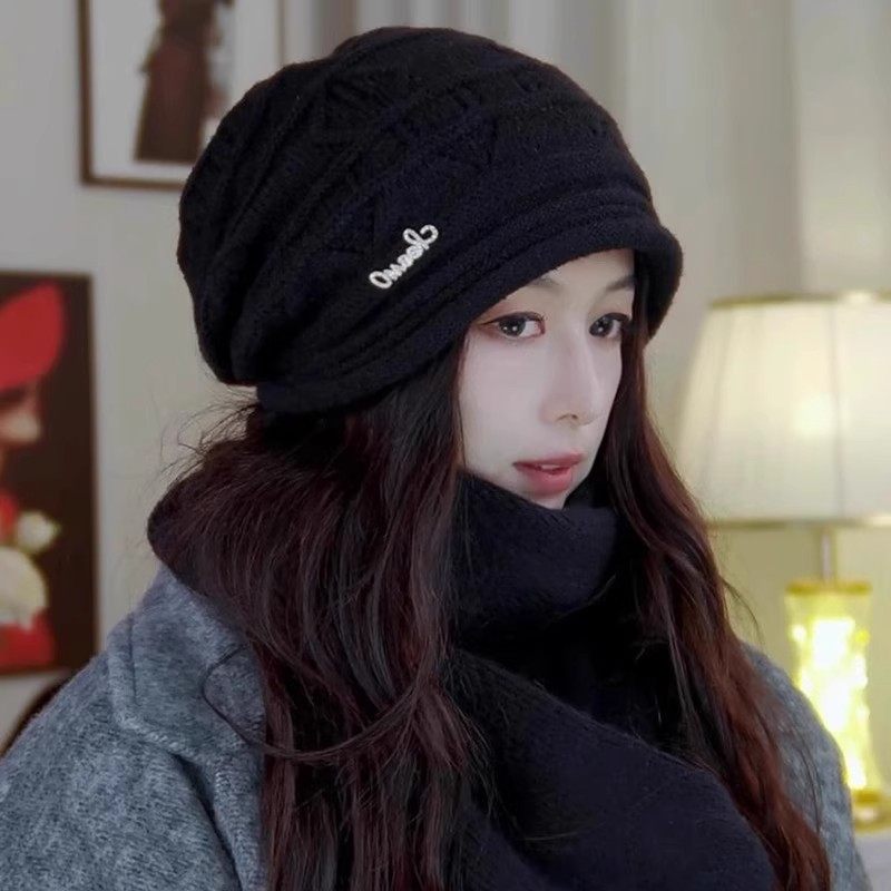韩版时尚针织堆堆帽子女冬季加绒加厚保暖护耳毛线帽大头围冷帽潮