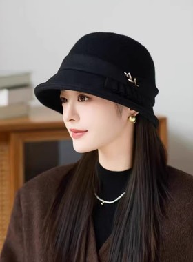 冬季褶皱装饰毛呢渔夫帽子女士时尚气质宽檐保暖盆帽显脸小妈妈帽