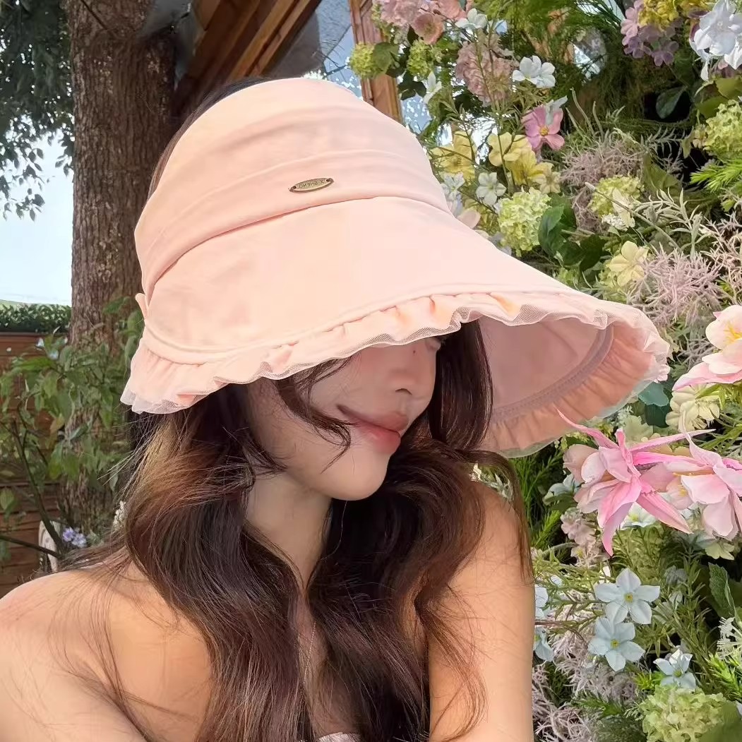 韩系木耳边防晒空顶帽子女春夏时尚大檐遮阳盆帽户外可折叠太阳帽