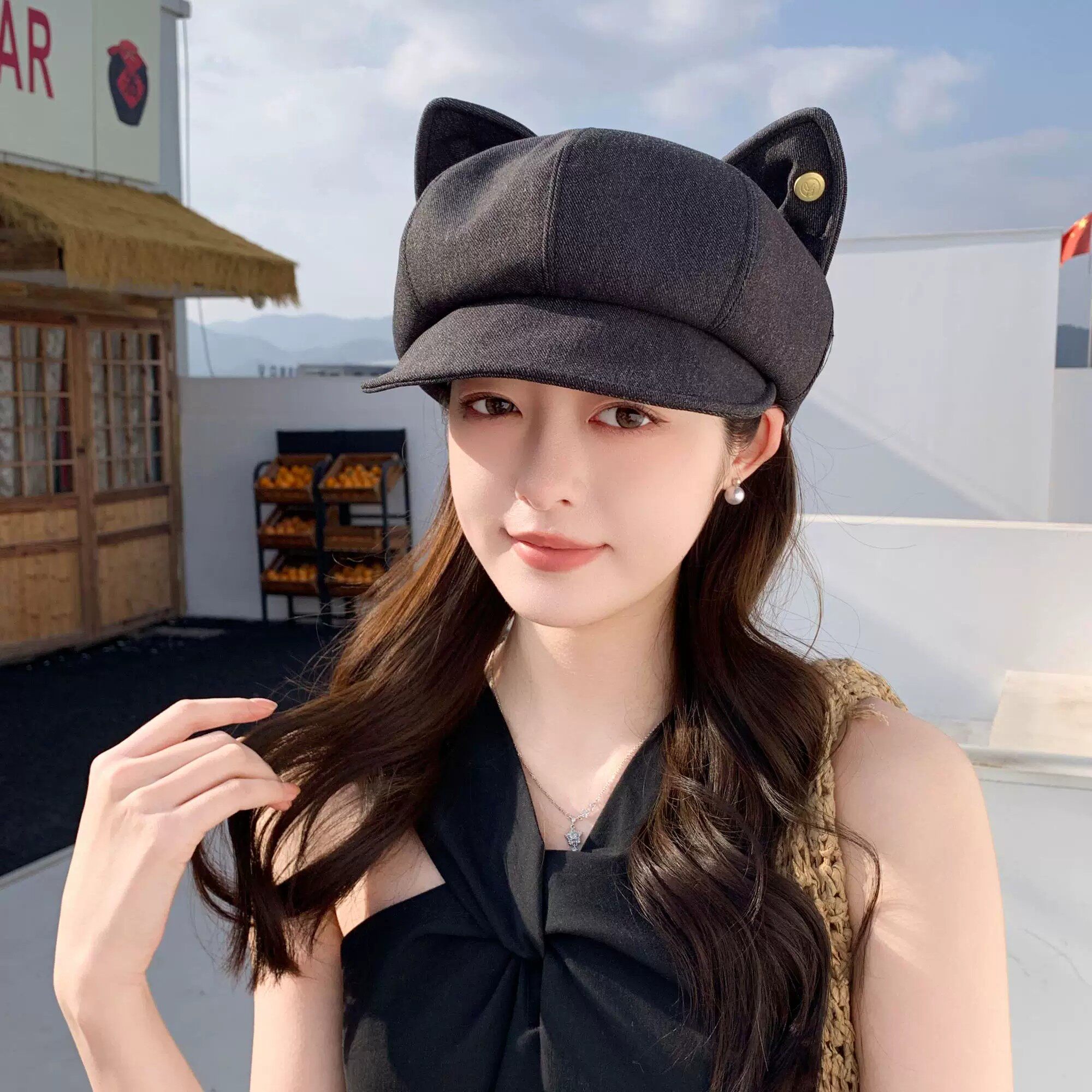 日系可爱猫耳朵八角帽子女潮时尚显脸小报童帽休闲百搭鸭舌贝雷帽