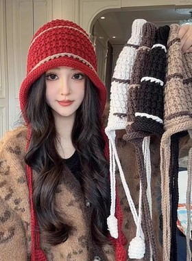 网红手工条纹流苏针织帽子女秋冬时尚保暖毛线帽大头围护耳套头帽