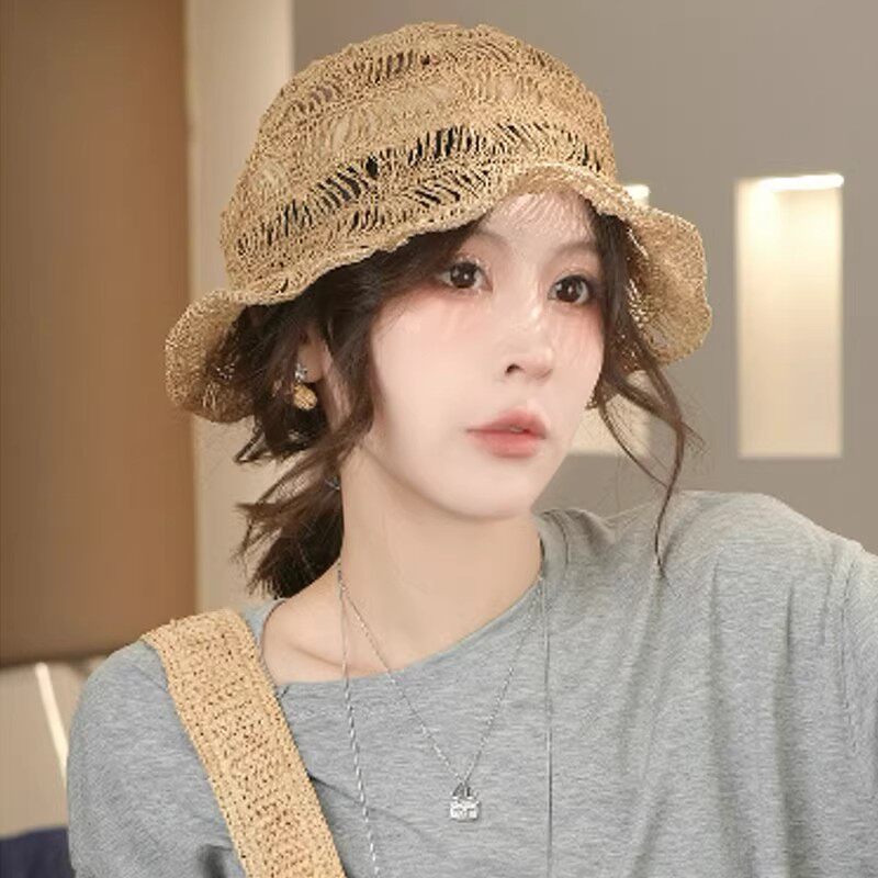 韩国手工编织镂空渔夫帽子女夏季轻薄时尚可折叠防晒帽显脸小盆帽