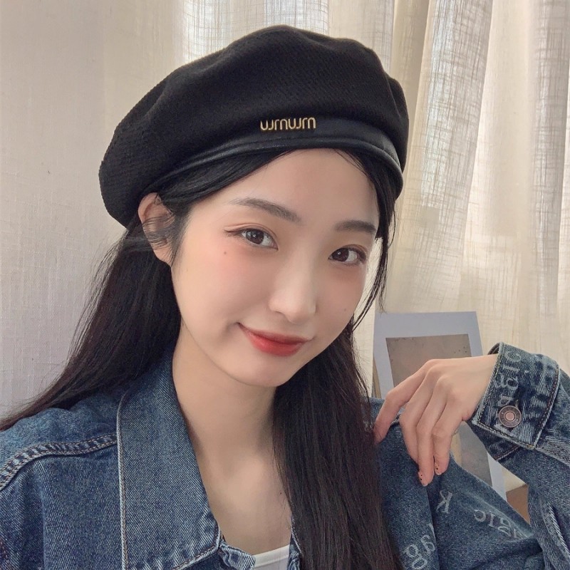 韩版pu拼接金属字母贝雷帽子女秋冬时尚气质画家帽网红出街蓓蕾帽