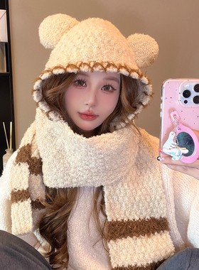 韩系可爱小熊针织帽子围巾一体女冬季保暖防寒护耳帽显脸小套头帽
