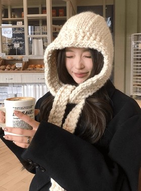 秋冬手工粗针织巴拉克拉法帽简约大头围套头帽子防寒保暖毛线帽女