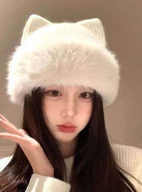 甜美可爱猫耳朵针织帽子女冬季加厚毛绒保暖包头帽显脸小护耳冷帽
