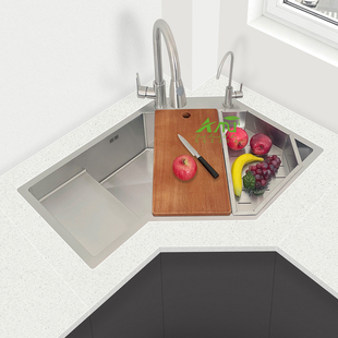 德国阿姆5.0特厚SUS304转角拐角大单槽带解冻沥水板台阶异形水槽