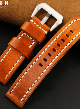 珑劲手工军表复古表带橙色毛边表带22 24 26MM加厚型适配沛纳海带