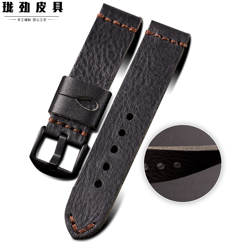 珑劲皮具手工真皮表带22 24 26MM适配沛纳海帝陀毛边男真牛皮表带
