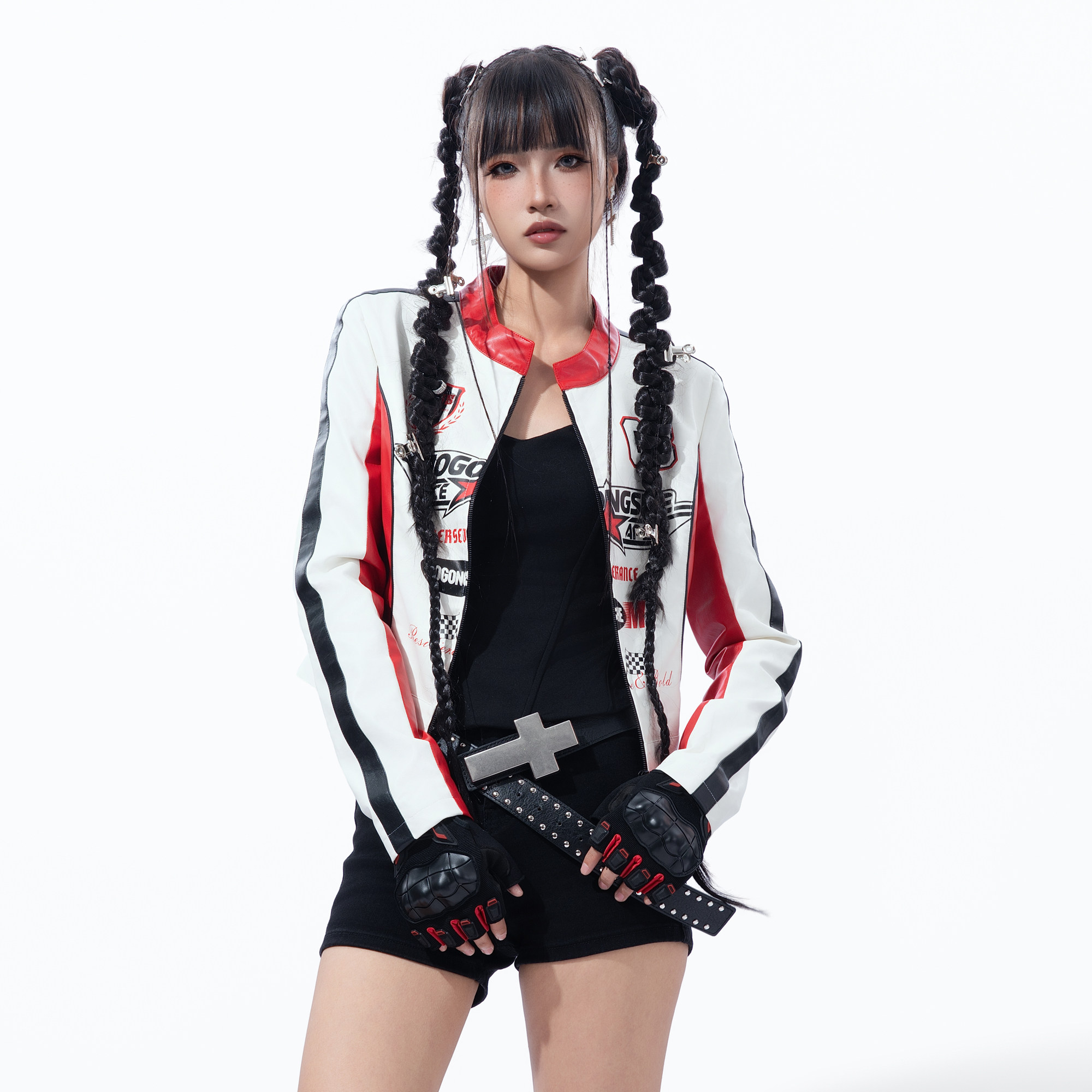 MOGONGSHE*红白拼色短款赛车服美式辣妹机车夹克立领高腰PU皮外套