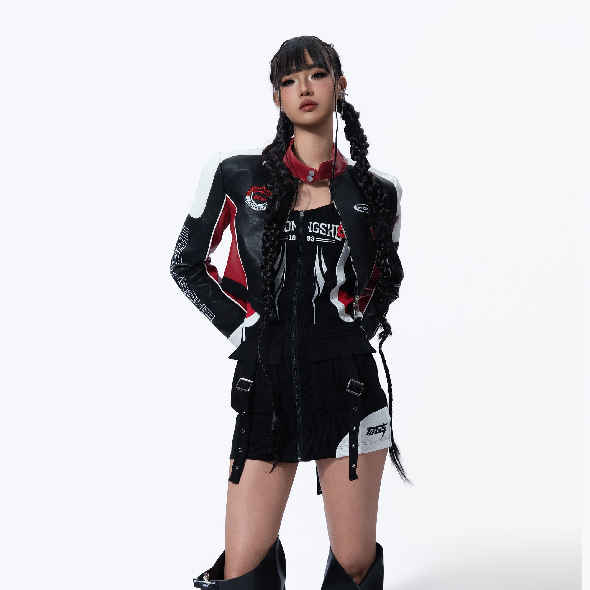 MOGONGSHE*明星同款-美式复古重工拼接机车服时尚短款PU皮衣外套