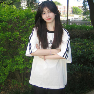 美式 t恤女夏季 一折专区 学院风三条杠白色短袖 上衣 潮流新款 半袖