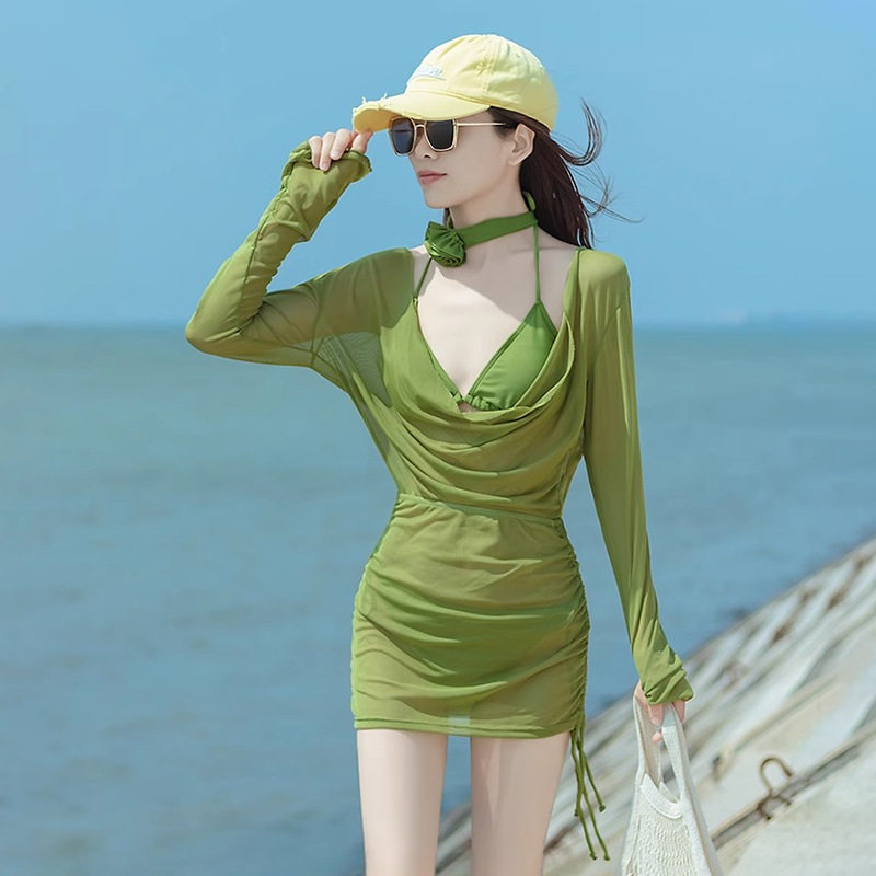 游泳衣女气质女神网纱防晒长袖系绳三点比基尼Bikini三件套高级感