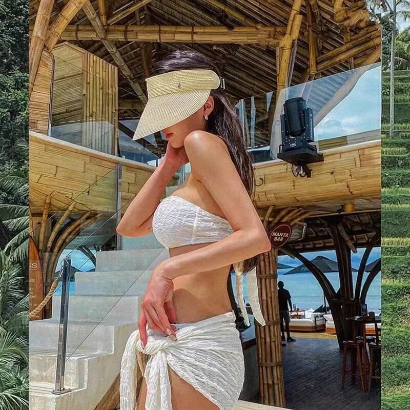 新款辣妹风比基尼三件套白色ins绑带性感小胸聚拢遮肚显瘦泡温泉