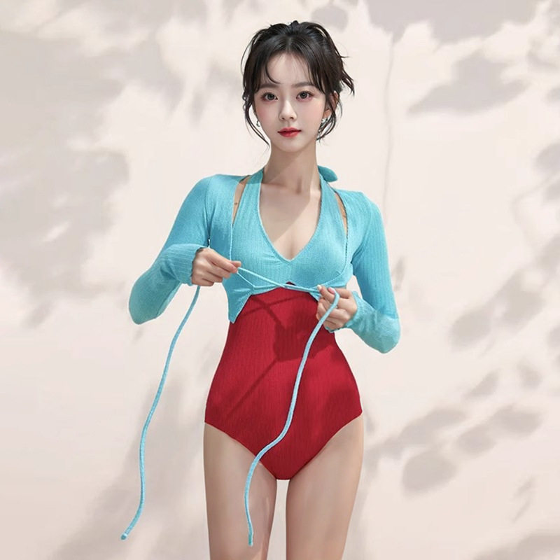 宋茜明星同款泳衣女三角连体泰国设计感撞色复古外套度假显瘦性感