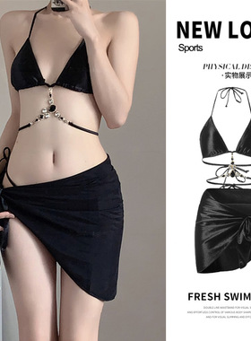 2024新款分体泳衣女黑色宝石感纯欲三件套绑带比基尼温泉泳装