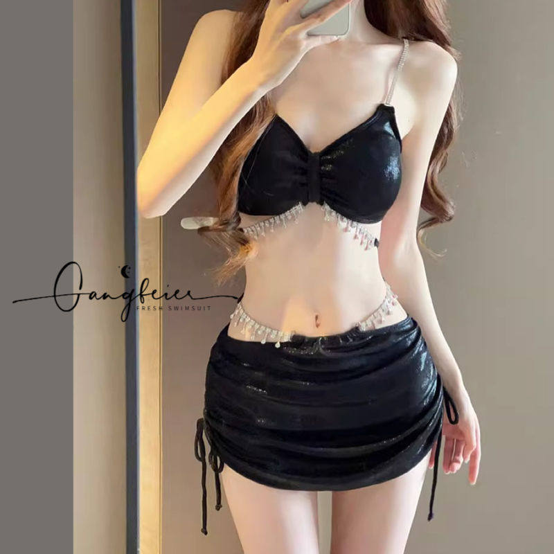 泳衣女款泡温泉级感纯欲风2024新款性感披肩分体比基尼三件套装