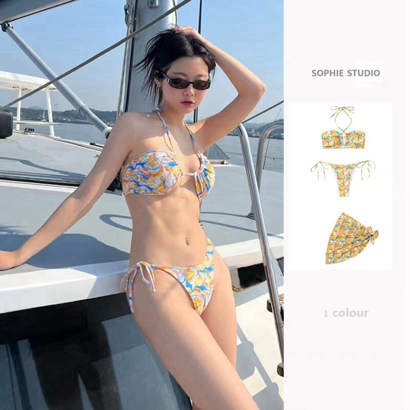 新款黄色性感多种绑法比基尼2023新款欧美分体温泉沙滩三点式泳衣