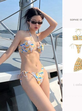 新款黄色性感多种绑法比基尼2023新款欧美分体温泉沙滩三点式泳衣