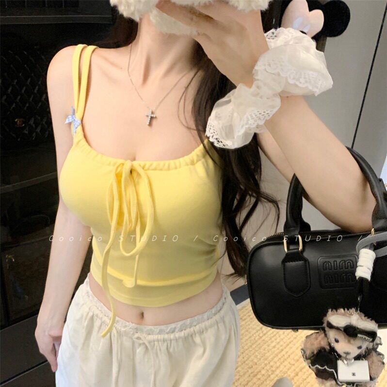 纯欲甜辣妹系带短款吊带美背背心带胸垫裹胸外穿外穿打底露脐上衣