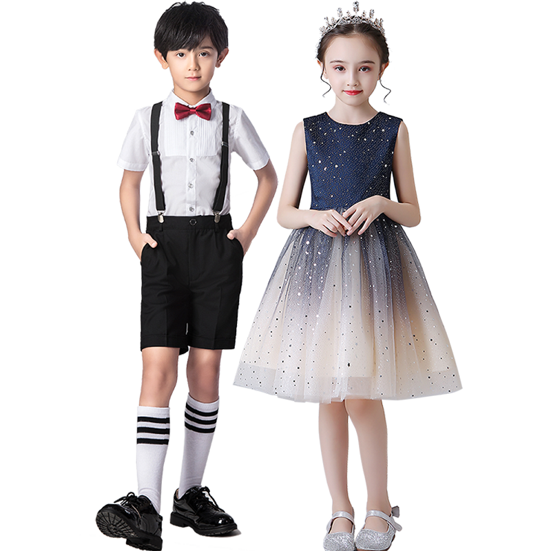 六一兒童演出服小學生合唱女童紅色舞蹈裙背帶褲朗誦禮服表演服裝