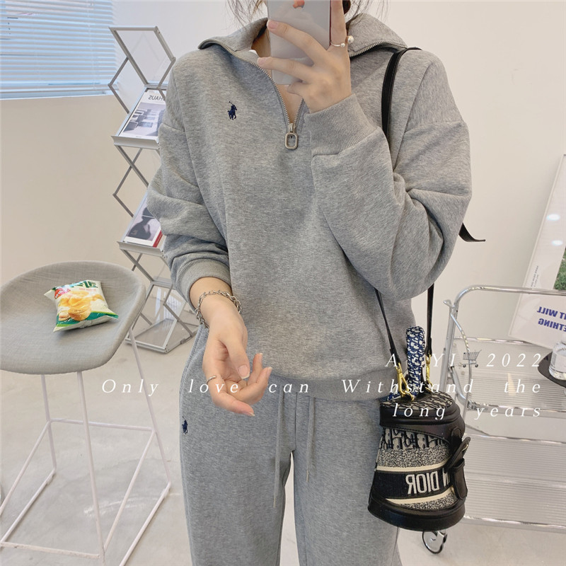 特价春秋款套装女半拉链翻领卫衣高腰束脚休闲裤小马刺绣运动宽松