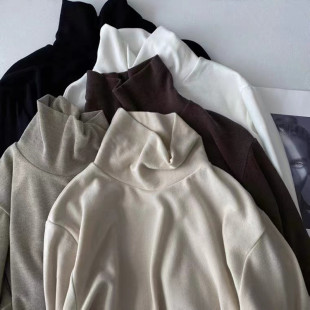 上衣堆堆领T恤 女加厚加绒保暖衣袖 秋冬季 双面德绒高领内搭打底衫