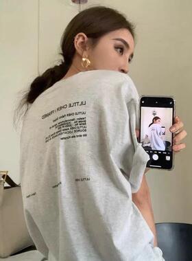 100%纯棉灰色短袖t恤女春夏季2025新款港味chic字母印花宽松上衣