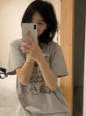 美式复古印花灰色纯棉短袖t恤女春夏2025新款设计感宽松半袖上衣