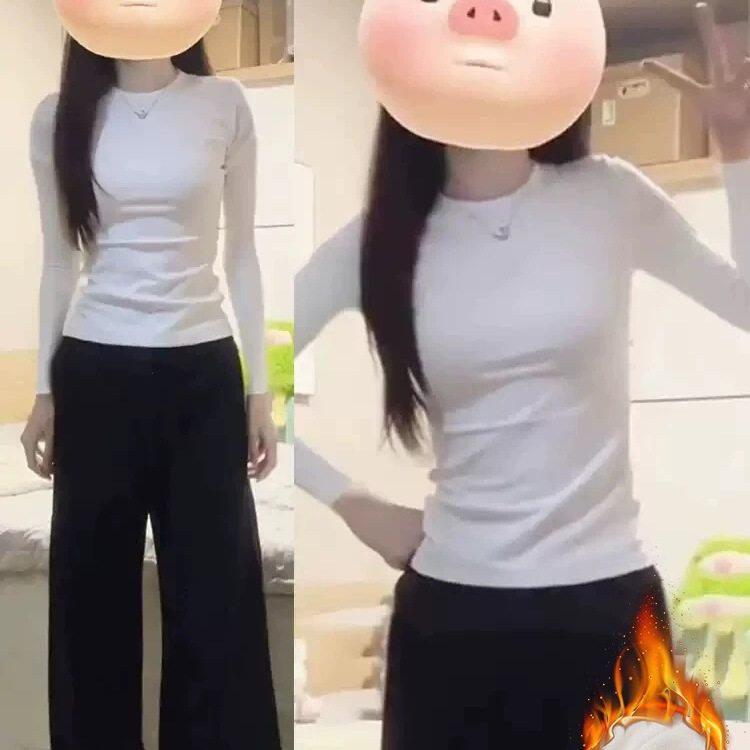 白色内搭打底衫上衣女秋冬季正肩圆领紧身修身长袖加绒保暖T恤女