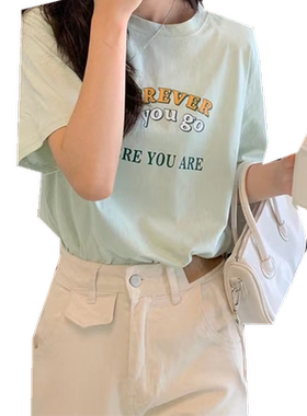潮牌印花短袖豆绿色T恤女夏季韩版宽松气质时尚百搭休闲复古上衣