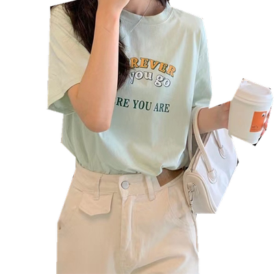 潮牌印花短袖豆绿色T恤女夏季韩版宽松气质时尚百搭休闲复古上衣