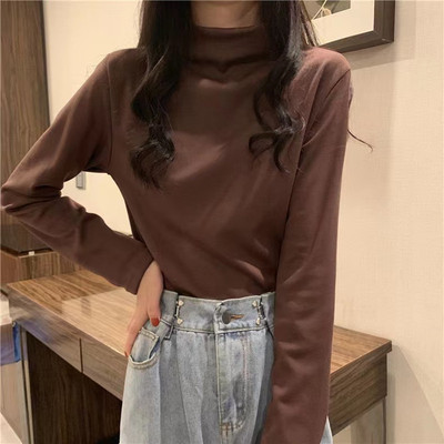 咖色半高领加绒加厚打底衫长袖t