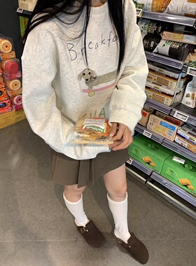 美式上衣小狗印花慵懒风花灰色复古套头可爱圆领加绒卫衣女秋冬潮