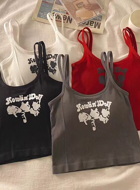 甜酷辣妹红色印花短款小吊带背心女内搭夏季带胸垫网红爆款小上衣