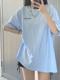 蓝色纯棉宽松短袖女夏2025新款爆款下衣失踪大t恤小个子穿搭上衣