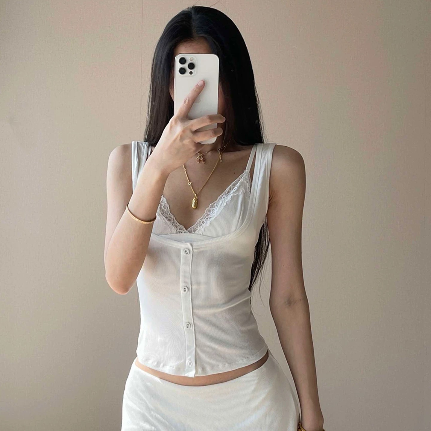 蕾丝假俩件辣妹挂脖吊带背心女